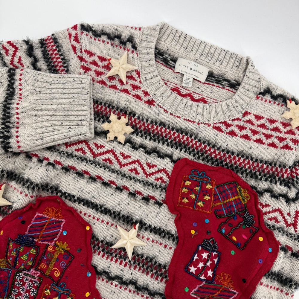 Lucky Brand‎ Fair Isle Holiday Sweater Women's Small Red Black Knit Christmas